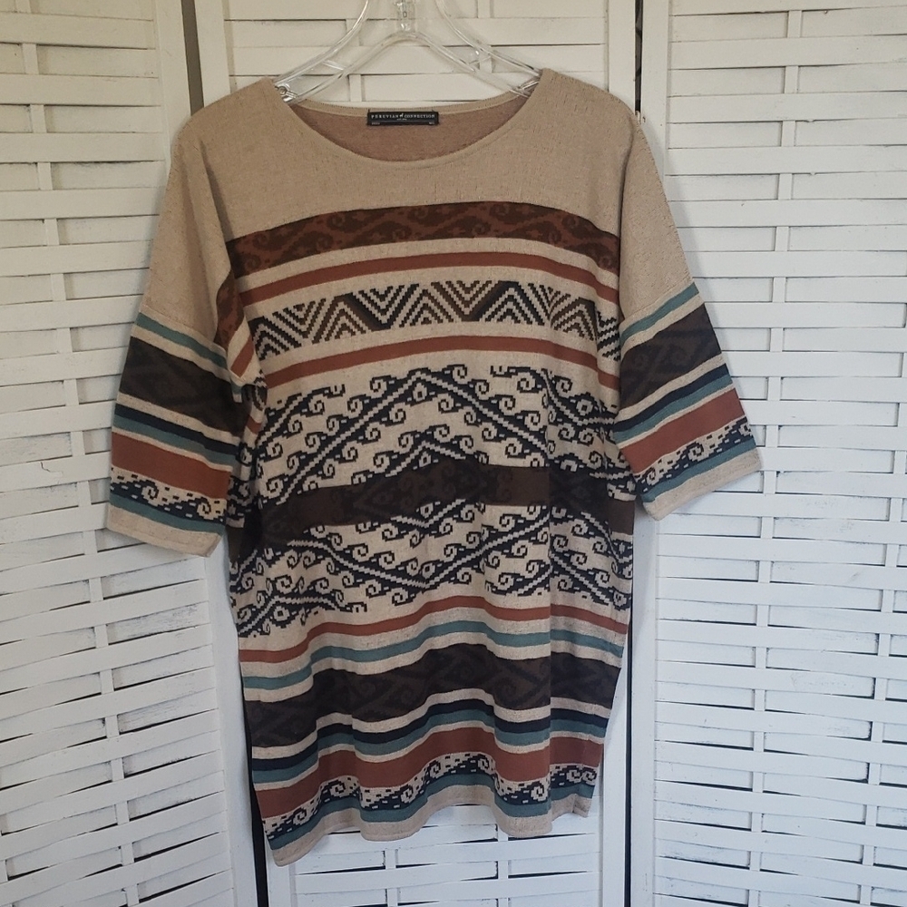 Peruvian Connection Neutral Aztec Striped Knit Top Size M/L